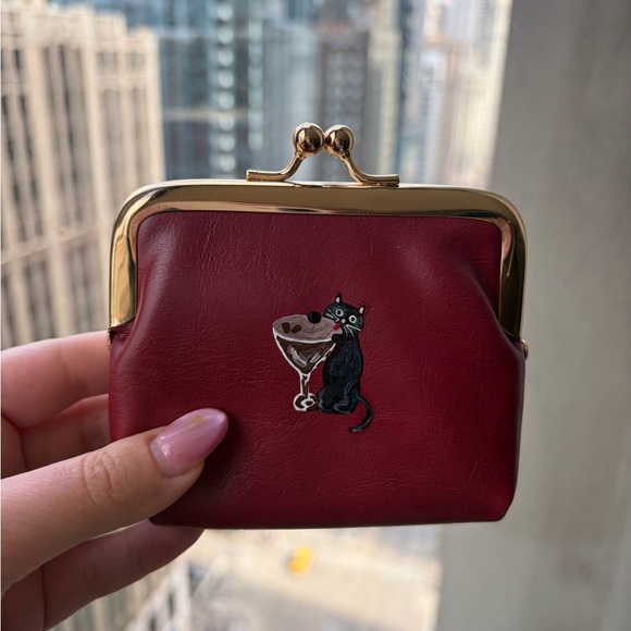 Accessories - Cat with espresso martini hand painted leather coin purse